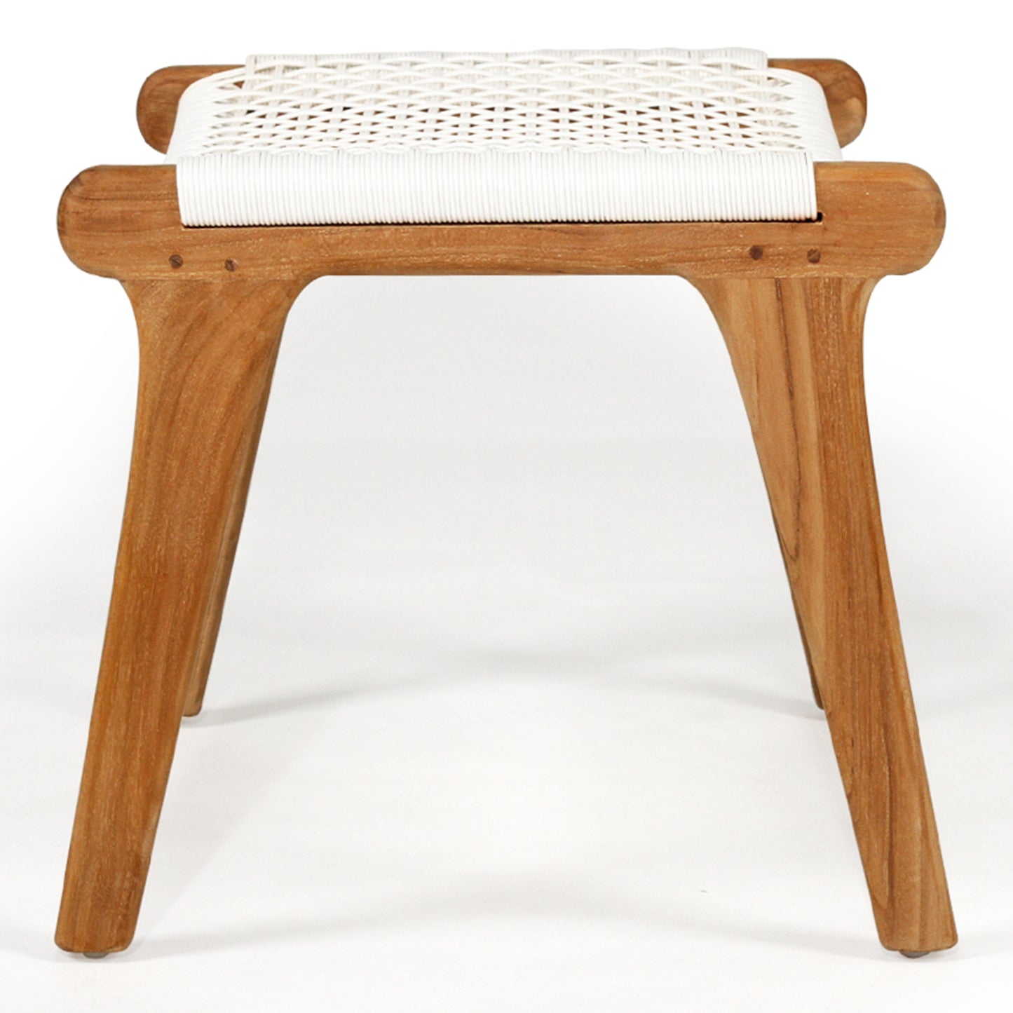 Side profile of the Zen Lazy Chair Ottoman in White – Open Weave, showcasing an angled teak wood frame with gently flared legs and a breathable handwoven white rope seat in an airy, grid-like pattern.
