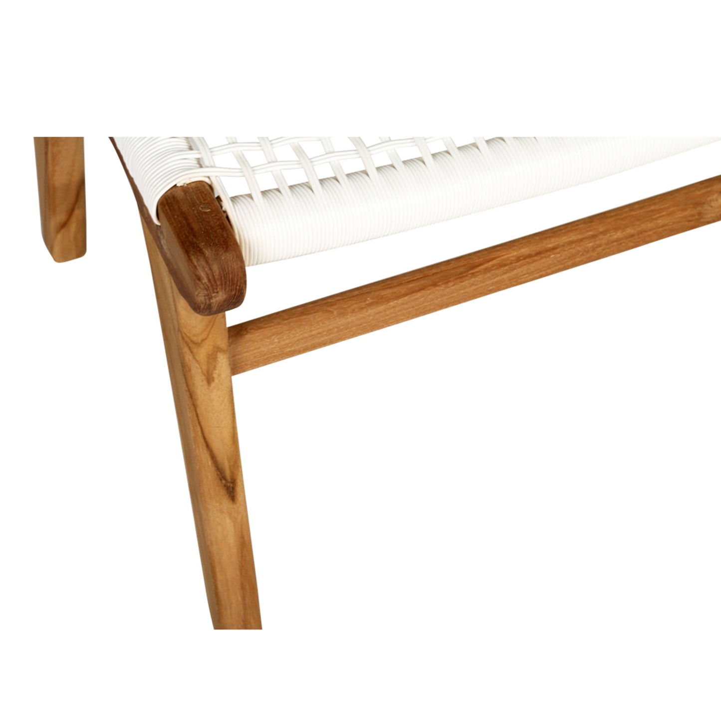 Detailed shot of the side corner of the Zen Lazy Chair Ottoman in White, showing the open weave white cord wrapping around the teak wood frame and a horizontal support bar reinforcing the base structure.