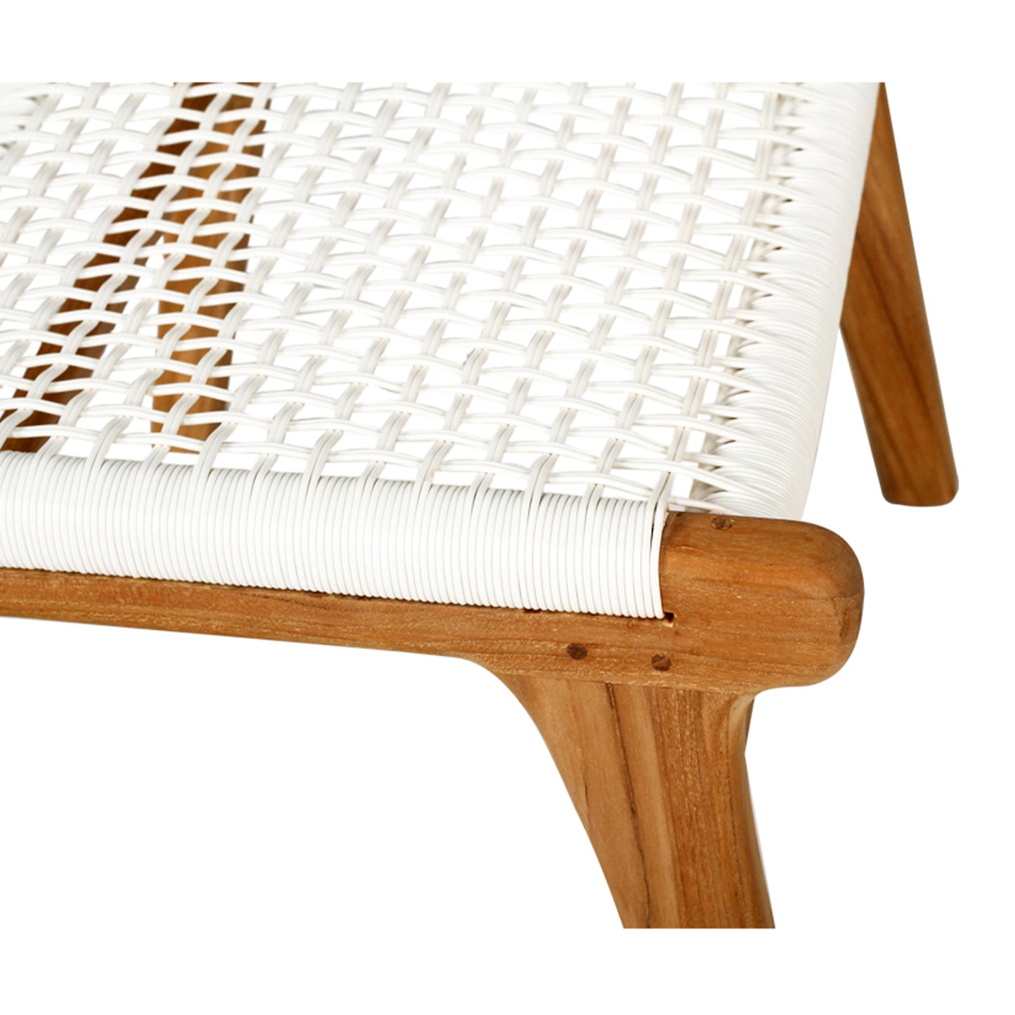 Close-up corner detail of the Zen Lazy Chair Ottoman - White - Open Weave, highlighting the precise craftsmanship of the natural teak frame and the loosely interlaced white cord weaving over rounded wooden edges.