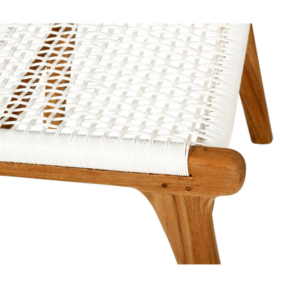 Close-up corner detail of the Zen Lazy Chair Ottoman - White - Open Weave, highlighting the precise craftsmanship of the natural teak frame and the loosely interlaced white cord weaving over rounded wooden edges.