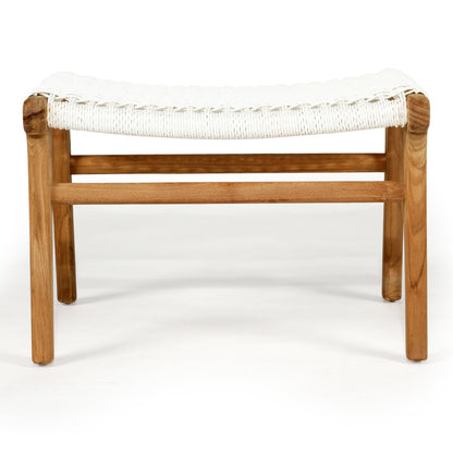 Straight-on front view of the Zen Lazy Chair Ottoman - White - Close Weave, featuring a balanced, symmetrical design with dual teak stretcher bars for added support, combining Scandinavian simplicity with handcrafted appeal.