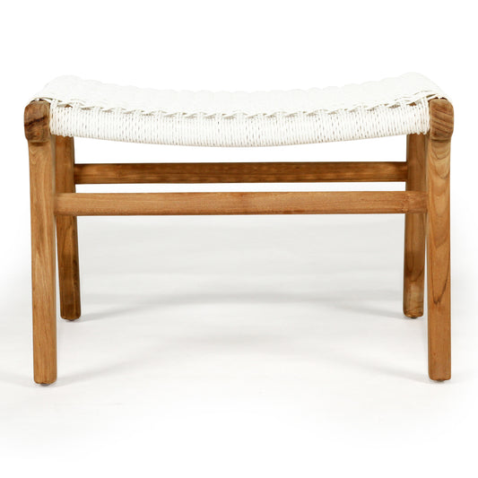 Straight-on front view of the Zen Lazy Chair Ottoman - White - Close Weave, featuring a balanced, symmetrical design with dual teak stretcher bars for added support, combining Scandinavian simplicity with handcrafted appeal.