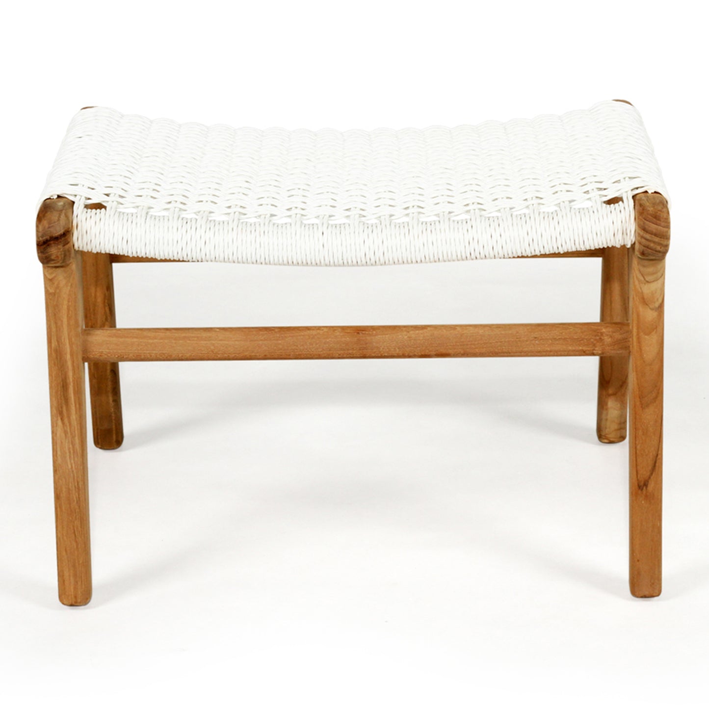 Front view of the Zen Lazy Chair Ottoman - White - Close Weave, displaying a rectangular silhouette with a flat, tightly woven white seat and a solid teak wood base, ideal for pairing with lounge chairs in minimalist or coastal interiors.