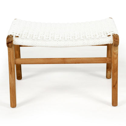 Front view of the Zen Lazy Chair Ottoman - White - Close Weave, displaying a rectangular silhouette with a flat, tightly woven white seat and a solid teak wood base, ideal for pairing with lounge chairs in minimalist or coastal interiors.