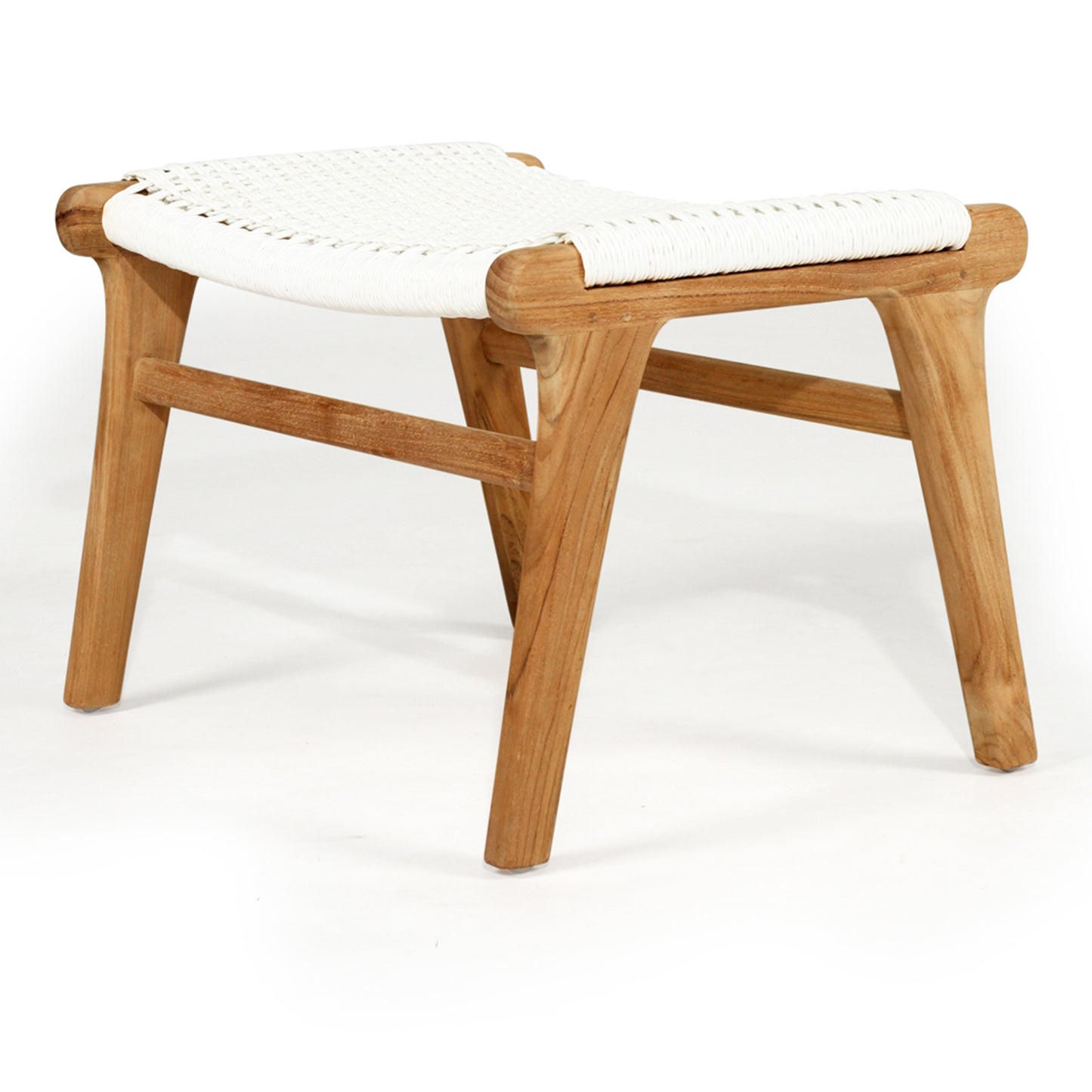 Angled view of the Zen Lazy Chair Ottoman - White - Close Weave, highlighting the contrast between the curved teak wood joinery and the crisp, woven white rope top; a versatile accent for modern or bohemian spaces.