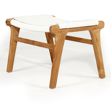 Angled view of the Zen Lazy Chair Ottoman - White - Close Weave, highlighting the contrast between the curved teak wood joinery and the crisp, woven white rope top; a versatile accent for modern or bohemian spaces.