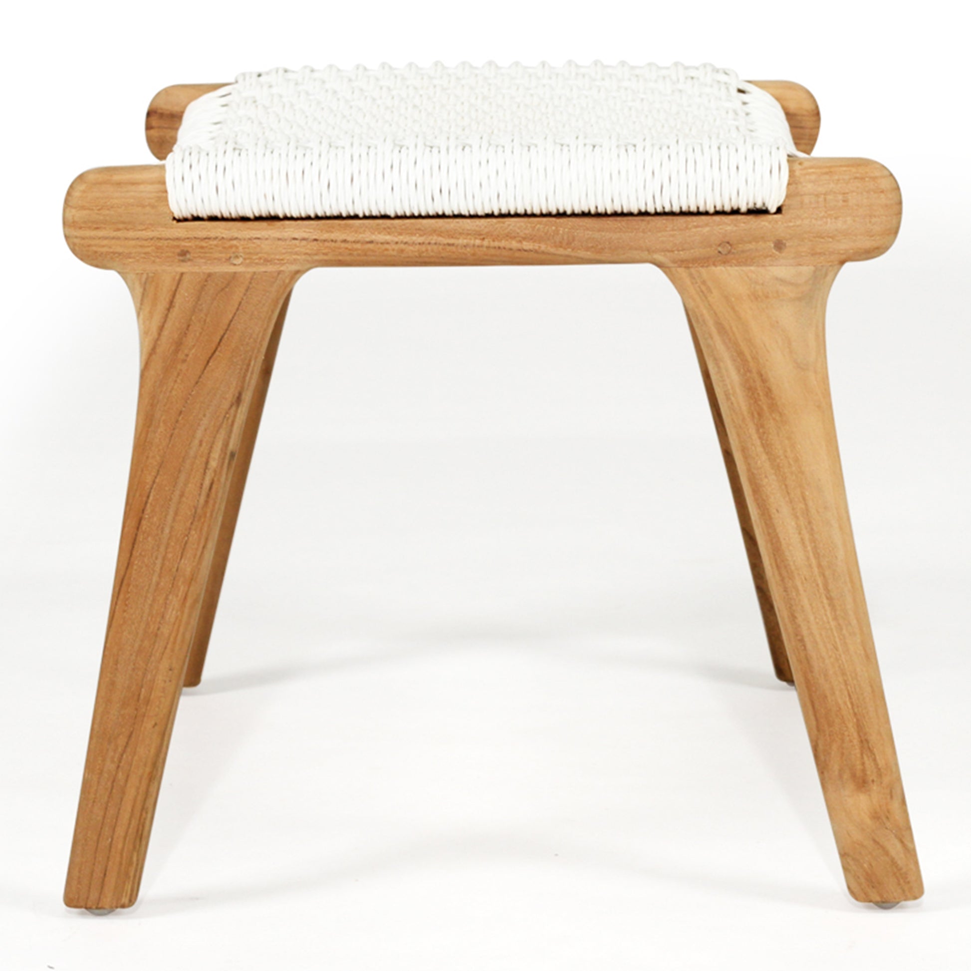 Side profile of the Zen Lazy Chair Ottoman in White with a close weave seat and angled teak wood legs; the sculpted, mid-century modern frame emphasizes natural wood grain and ergonomic support.