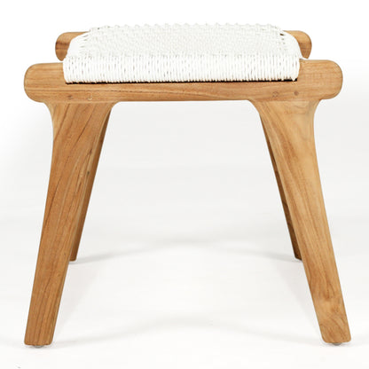 Side profile of the Zen Lazy Chair Ottoman in White with a close weave seat and angled teak wood legs; the sculpted, mid-century modern frame emphasizes natural wood grain and ergonomic support.