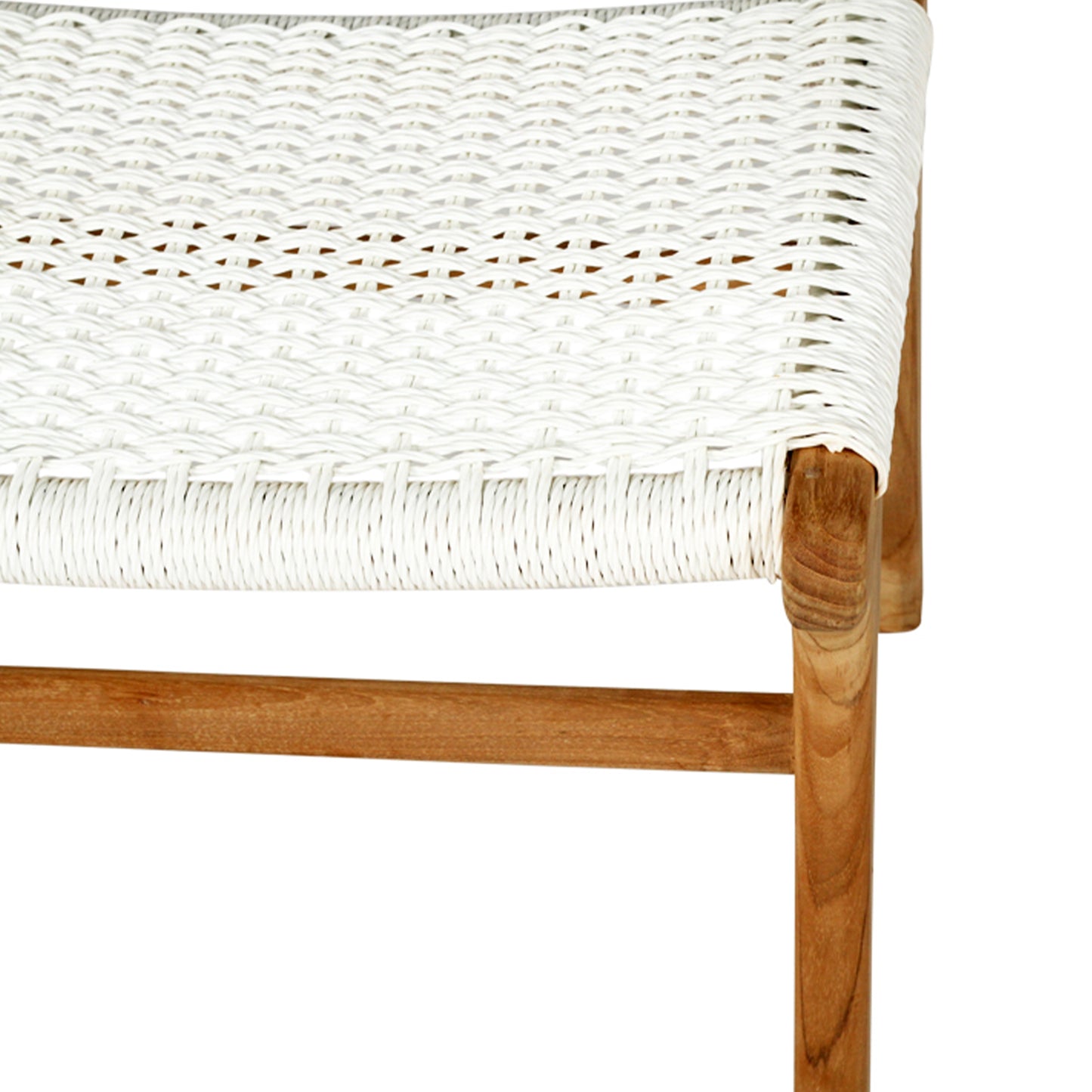 Close-up of the Zen Lazy Chair Ottoman in White featuring a close weave design; the tightly handwoven white rope seat forms a uniform pattern across a smooth, natural teak wood frame, showcasing refined craftsmanship and durability.