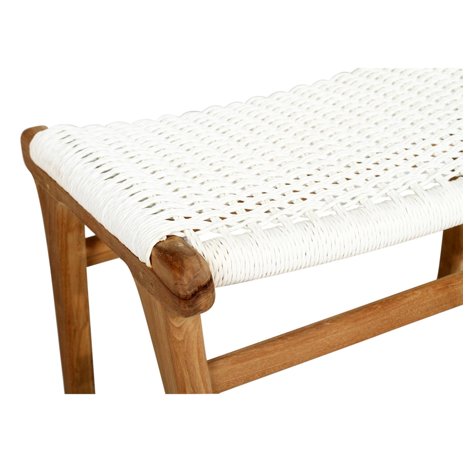 Detail shot of the Zen Lazy Chair Ottoman's corner, focusing on the white close weave rope and rounded teak wood joinery; the woven texture adds visual interest and seating comfort.