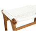 Detail shot of the Zen Lazy Chair Ottoman's corner, focusing on the white close weave rope and rounded teak wood joinery; the woven texture adds visual interest and seating comfort.