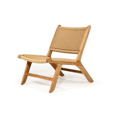 Three-quarter view of Zen Lazy Chair in Sand with handwoven close weave rope seat and backrest on a natural teak frame.