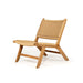 Three-quarter view of Zen Lazy Chair in Sand with handwoven close weave rope seat and backrest on a natural teak frame.