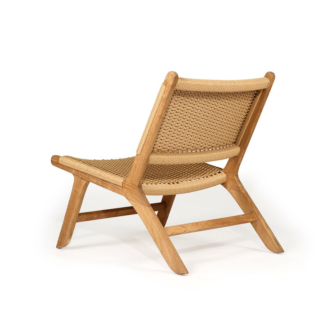 Back angle of Zen Lazy Chair – Sand – Close Weave highlighting curved back and low teak lounge silhouette.