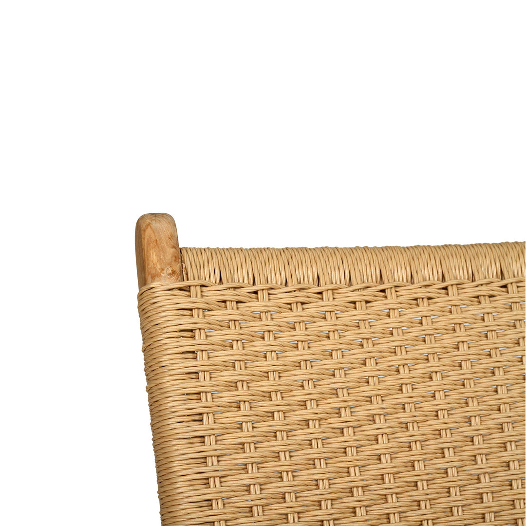 Detail of upper backrest on Zen Lazy Chair in Sand featuring tightly woven close weave rope on a teak frame.