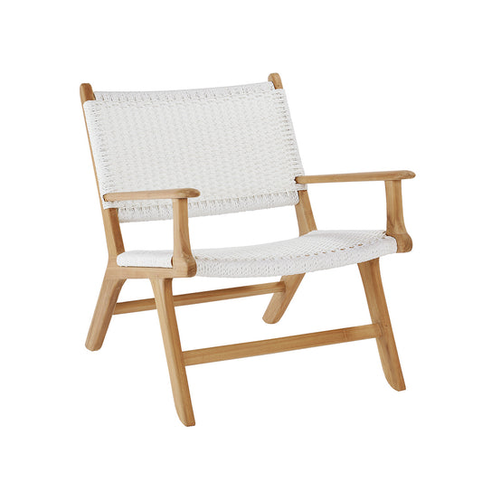 Three-quarter front view of the Zen Lazy Chair – White – Close Weave with arms, displaying both the structure and texture of the seat in an elegant, minimal design.