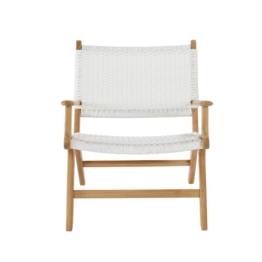 Front view of the Zen Lazy Chair – White – Close Weave with arms, showing its handwoven seat and backrest in crisp white against a solid teak frame.