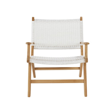 Front view of the Zen Lazy Chair – White – Close Weave with arms, showing its handwoven seat and backrest in crisp white against a solid teak frame.