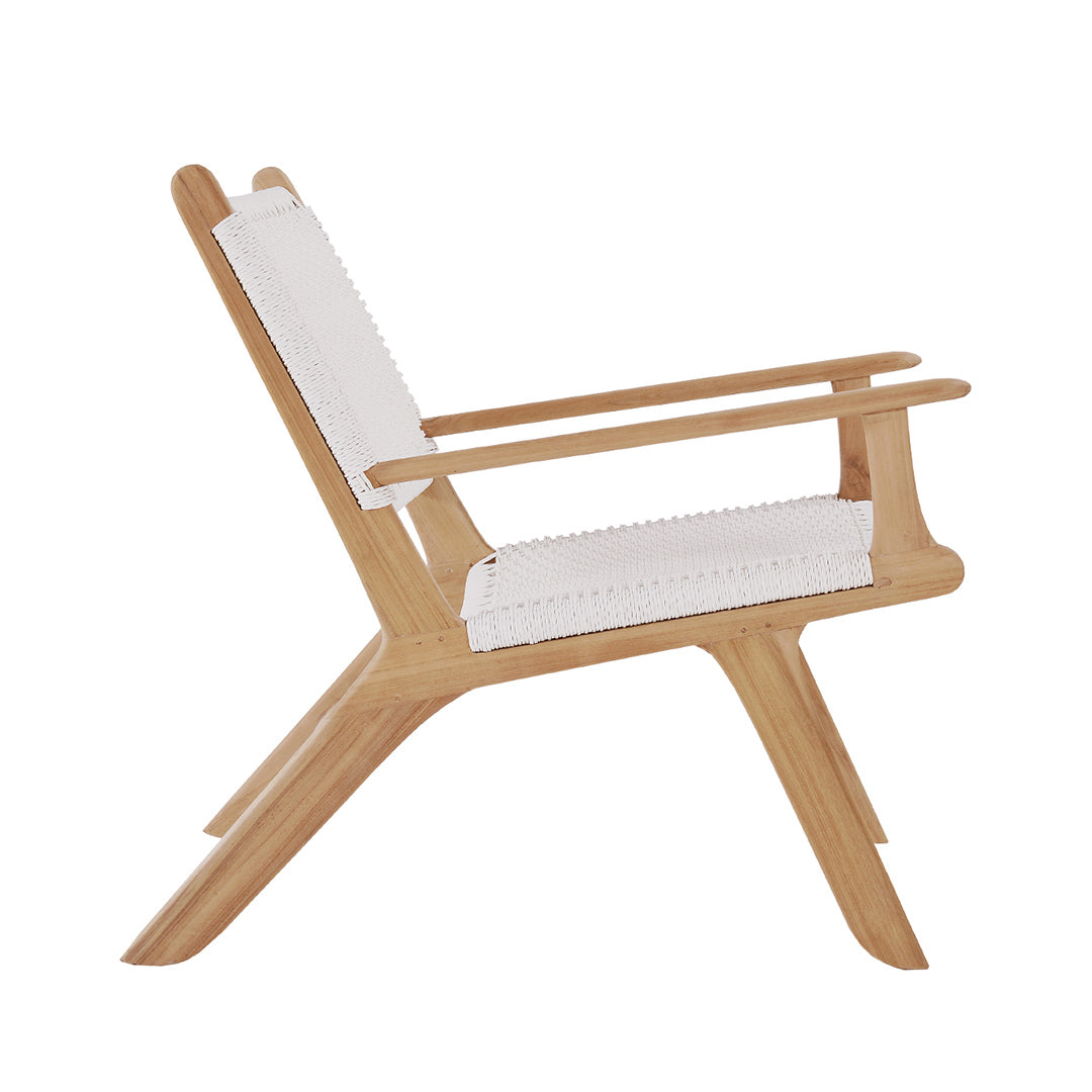 Side profile of the Zen Lazy Chair – White – Close Weave with arms, showcasing the natural teak frame and relaxed recline of the chair.