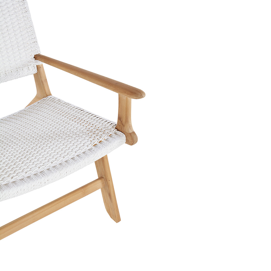 Angled top view of the Zen Lazy Chair – White – Close Weave with arms, highlighting the curve of the armrest and detailed wicker craftsmanship.