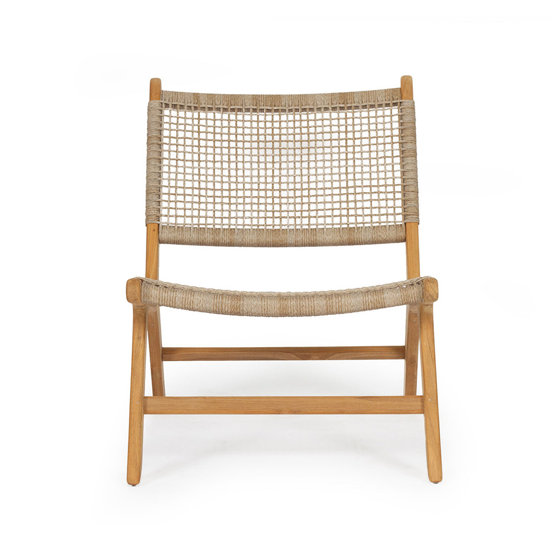 Front-facing studio image of the Zen Lazy Chair – Washed Grey – Close Weave, featuring a low-profile design with a natural teak wood frame and tightly handwoven washed grey synthetic rope seat and backrest, showcasing its modern coastal style and ergonomic curved form.