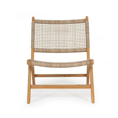 Front-facing studio image of the Zen Lazy Chair – Washed Grey – Close Weave, featuring a low-profile design with a natural teak wood frame and tightly handwoven washed grey synthetic rope seat and backrest, showcasing its modern coastal style and ergonomic curved form.
