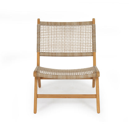 Studio front-on view of the Zen Lazy Chair – Washed Grey – Close Weave, highlighting its ergonomic shape, tightly handwoven rope seat and back, and sturdy solid teak frame in a natural washed finish. Ideal as accent seating or a reading chair.