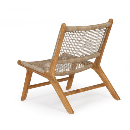 Angled rear-side studio shot of the Zen Lazy Chair – Washed Grey – Close Weave, illustrating the reclined shape and handcrafted rope work. The natural wood tones and clean angles make it ideal for modern coastal or boho interiors.