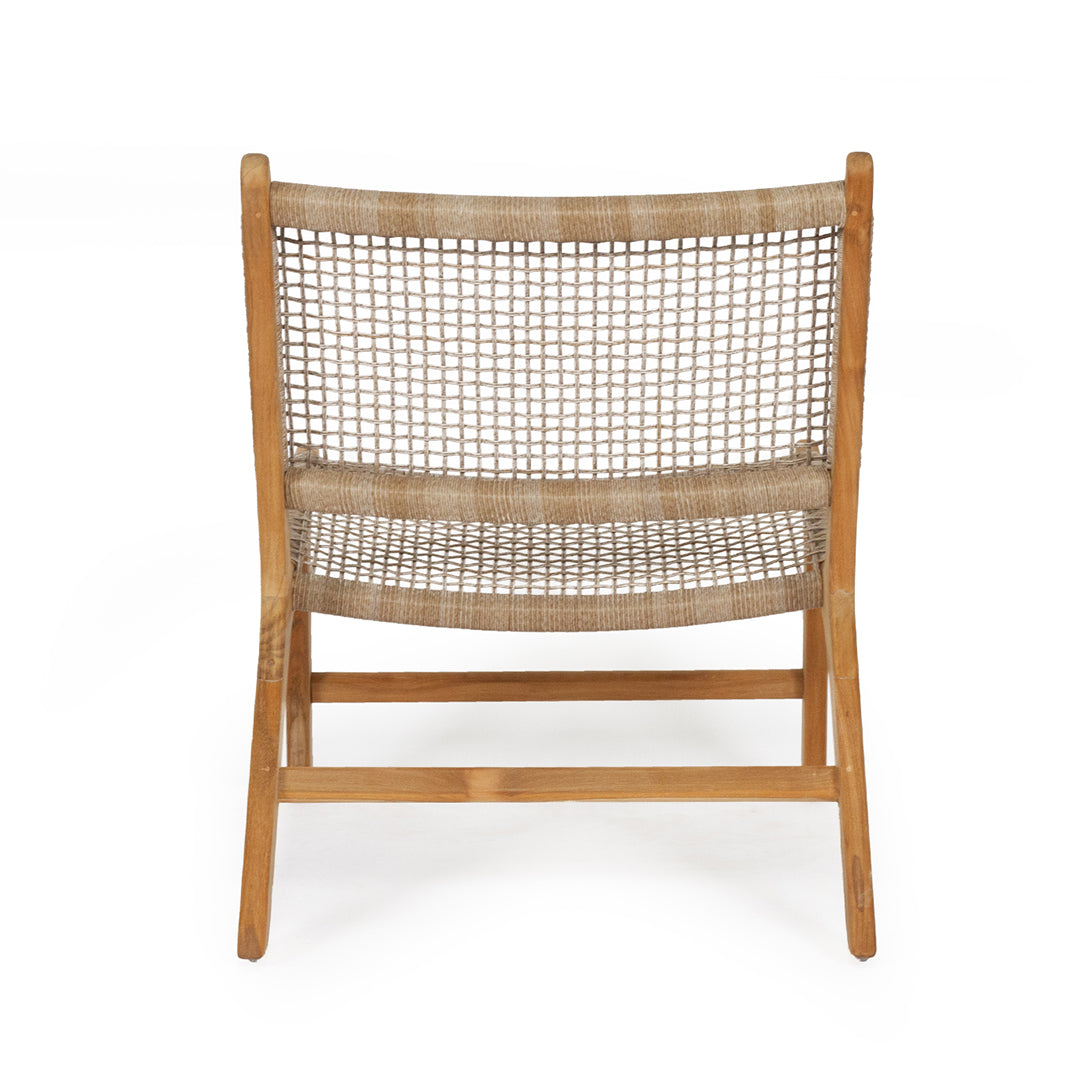 Rear studio view of the Zen Lazy Chair – Washed Grey – Close Weave, showing the structured backrest and mid-century-inspired teak frame. The curved lines and consistent rope pattern highlight durability and relaxed style.