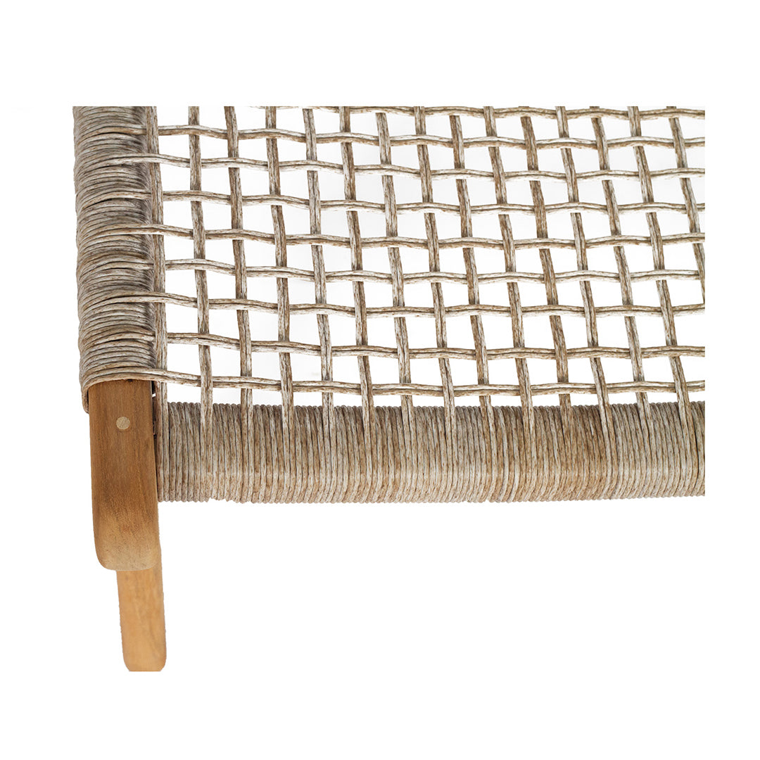 Zoomed-in view of the chair’s seat corner showing the washed grey close weave wrapping seamlessly around the frame. Demonstrates the detailed texture and quality craftsmanship of the synthetic rope against the natural teak timber.