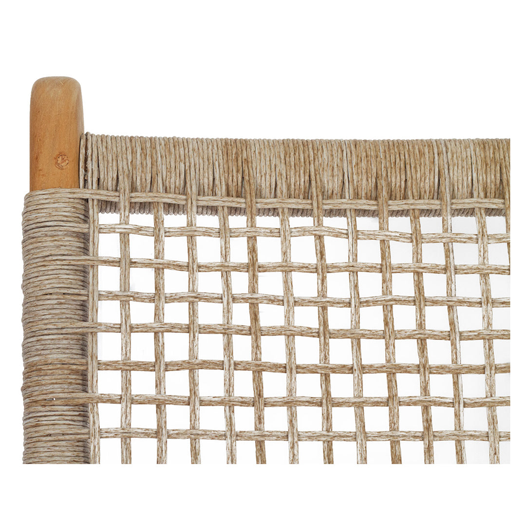Close-up of the Zen Lazy Chair – Washed Grey – Close Weave backrest detailing. Features tight handwoven synthetic rope in a close grid pattern, wrapped around a gently curved teak frame, showcasing artisan craftsmanship and clean design lines.