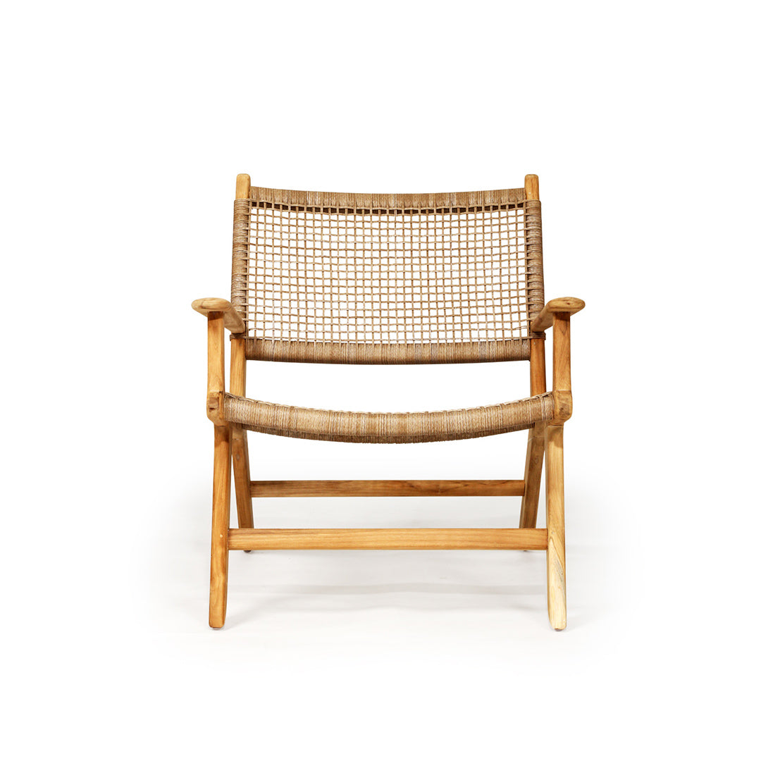 Frontal view of the Zen Lazy Chair - Sand - Open Weave against a plain white background, emphasising the sand-coloured grid weave on both seat and backrest, crafted over a solid teak wood frame with classic low-slung proportions.