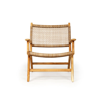 Frontal view of the Zen Lazy Chair - Sand - Open Weave against a plain white background, emphasising the sand-coloured grid weave on both seat and backrest, crafted over a solid teak wood frame with classic low-slung proportions.