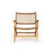 Frontal view of the Zen Lazy Chair - Sand - Open Weave against a plain white background, emphasising the sand-coloured grid weave on both seat and backrest, crafted over a solid teak wood frame with classic low-slung proportions.