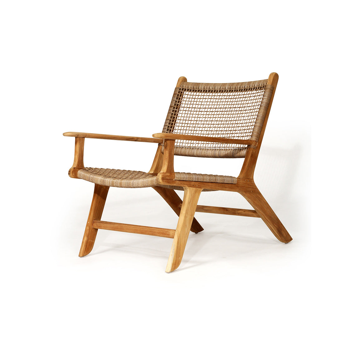 Front-side angle of the Zen Lazy Chair - Sand - Open Weave, featuring the teak frame's natural grain, open-weave rope seat, and minimalist design ideal for modern patios or boho interiors.