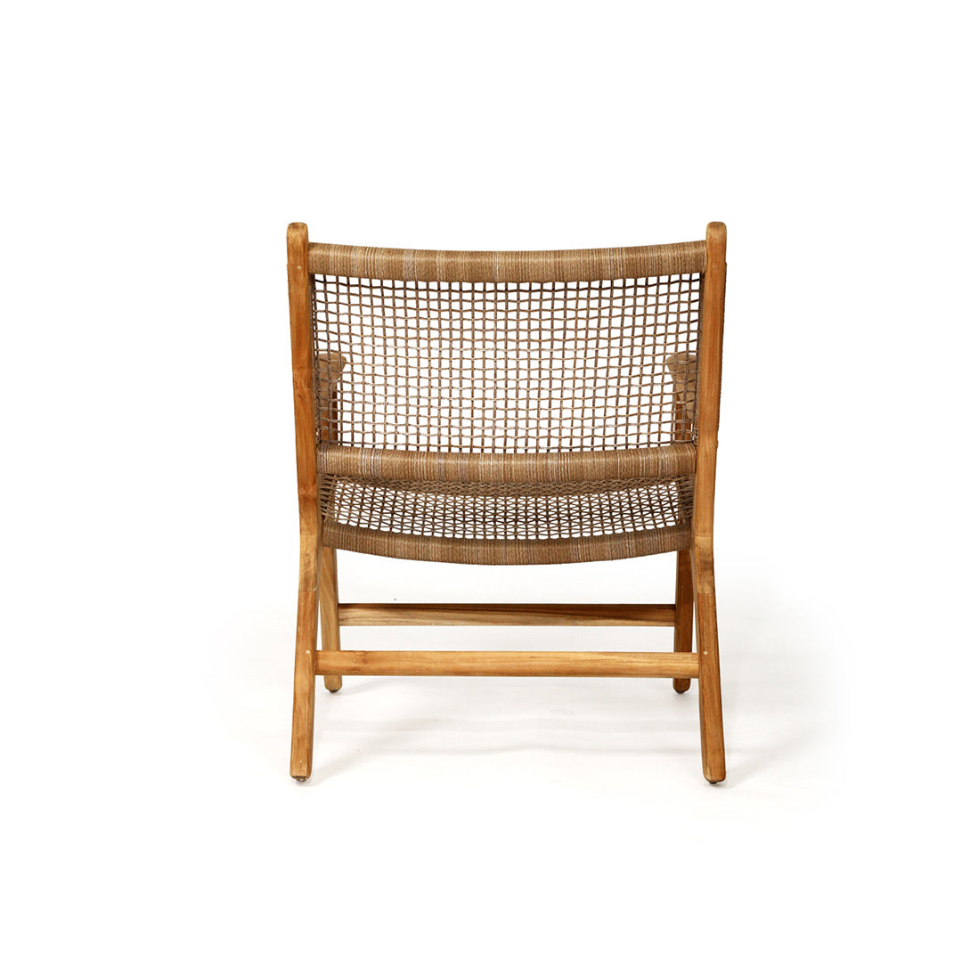 Rear view of the Zen Lazy Chair - Sand - Open Weave, featuring the wide backrest and seat in handwoven sand-toned cord with a supportive horizontal crossbar on a clean-lined teak wood structure.