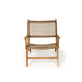 Frontal view of the Zen Lazy Chair - Sand - Open Weave on a white background, displaying the curved seat and backrest made from sand-coloured open-weave rope and a solid teak frame with mid-century modern lines.