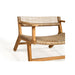 Detailed close-up of the Zen Lazy Chair - Sand - Open Weave, focusing on the sculpted teak wood armrests and tightly handwoven seat in a rustic sand finish, showing the artisanal quality and structure.