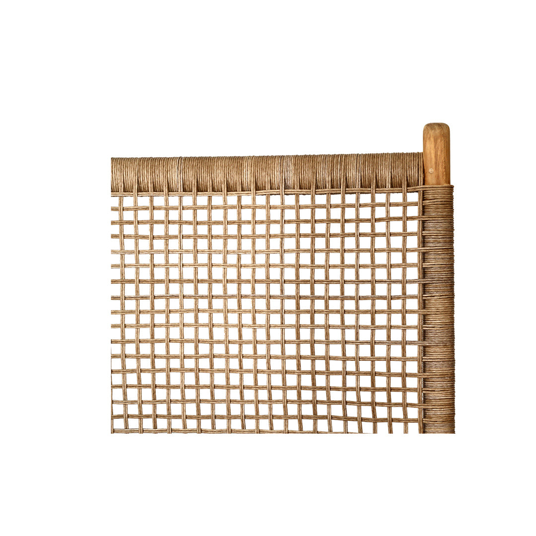 Close-up of the woven panel from the Zen Lazy Chair - Sand - Open Weave, highlighting the detailed handwoven sand-coloured synthetic cord in a breathable grid pattern over teak frame rods.