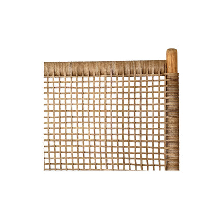 Close-up of the woven panel from the Zen Lazy Chair - Sand - Open Weave, highlighting the detailed handwoven sand-coloured synthetic cord in a breathable grid pattern over teak frame rods.