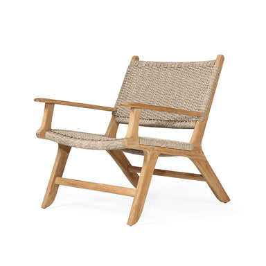 Angled front view of the Zen Lazy Chair - Sand - Close Weave, featuring both the seat and back in a dense basketweave pattern of sand-toned cord, with a sturdy teak frame and wide armrests for comfort and style.