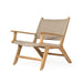 Angled front view of the Zen Lazy Chair - Sand - Close Weave, featuring both the seat and back in a dense basketweave pattern of sand-toned cord, with a sturdy teak frame and wide armrests for comfort and style.