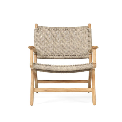 Alternate front view of the Zen Lazy Chair in Sand, emphasising the contoured seating position, wrapped rope detailing, and natural teak construction with a clean, Scandinavian-inspired design.