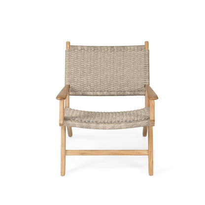 Front view of the Zen Lazy Chair - Sand - Close Weave, showing the full seat and backrest panels crafted from tightly woven sand-coloured rope on a solid teak frame with gently splayed legs.