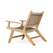 Rear angled perspective of the Zen Lazy Chair - Sand - Close Weave, highlighting the smooth armrests, sculpted teak frame, and densely woven sand-tone rope covering both the seat and backrest.