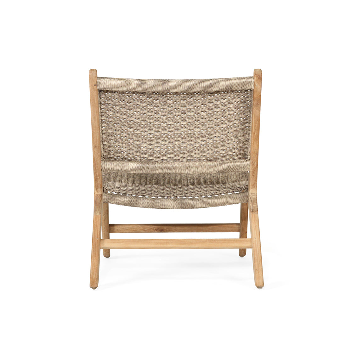 Rear view of the Zen Lazy Chair in Sand finish with a close weave backrest, displaying the full woven panel supported by a sturdy teak wood frame with gently tapered legs and horizontal reinforcement bars.