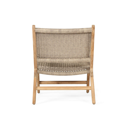 Rear view of the Zen Lazy Chair in Sand finish with a close weave backrest, displaying the full woven panel supported by a sturdy teak wood frame with gently tapered legs and horizontal reinforcement bars.