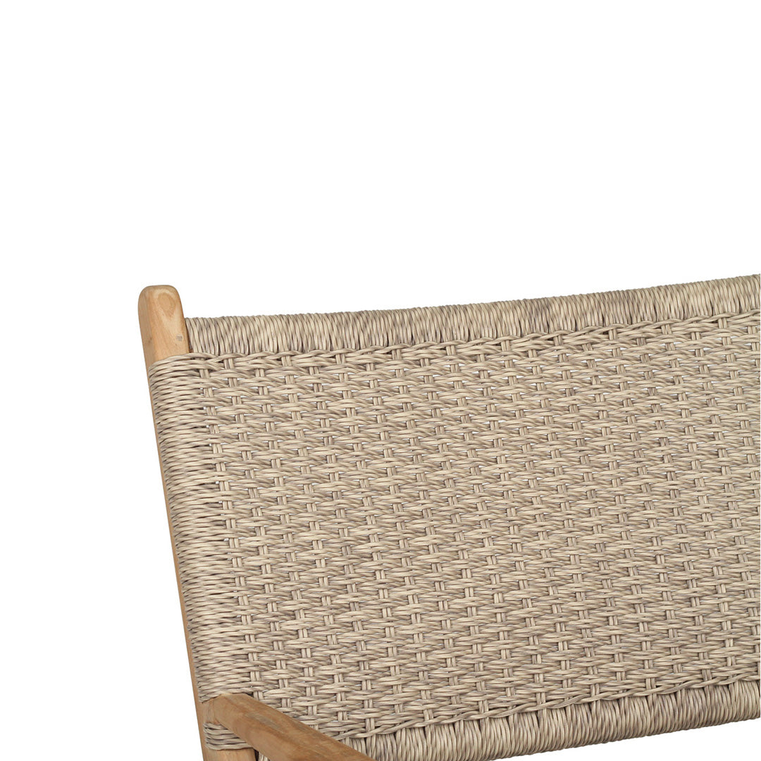 Close-up view of the Zen Lazy Chair - Sand - Close Weave showing the top portion of the backrest, which features tightly handwoven sand-coloured rope in a uniform basketweave pattern, wrapped around a natural teak wood frame.