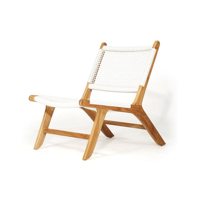 Three-quarter front angle of the Zen Lazy Chair - White - Open Weave, highlighting the precision joinery, natural wood grain, and handwoven synthetic rope seat and backrest, crafted for stylish indoor or outdoor seating.