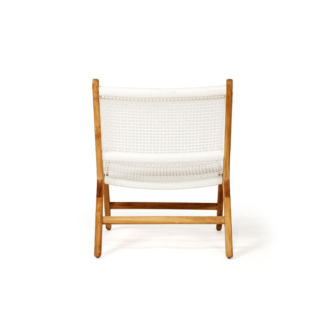 Rear view of the Zen Lazy Chair - White - Open Weave, displaying the clean-lined natural teak wood frame and breathable white woven rope backrest and seat in a wide-grid pattern.